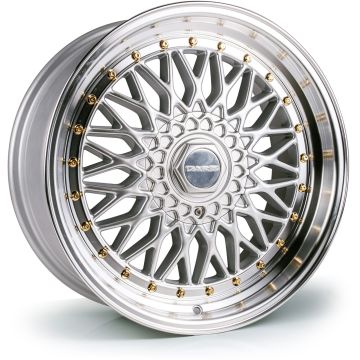 18x9.5 Dare DRRS 5x112/120 et42 CB72.6 Silver Polished / Gold Rivets